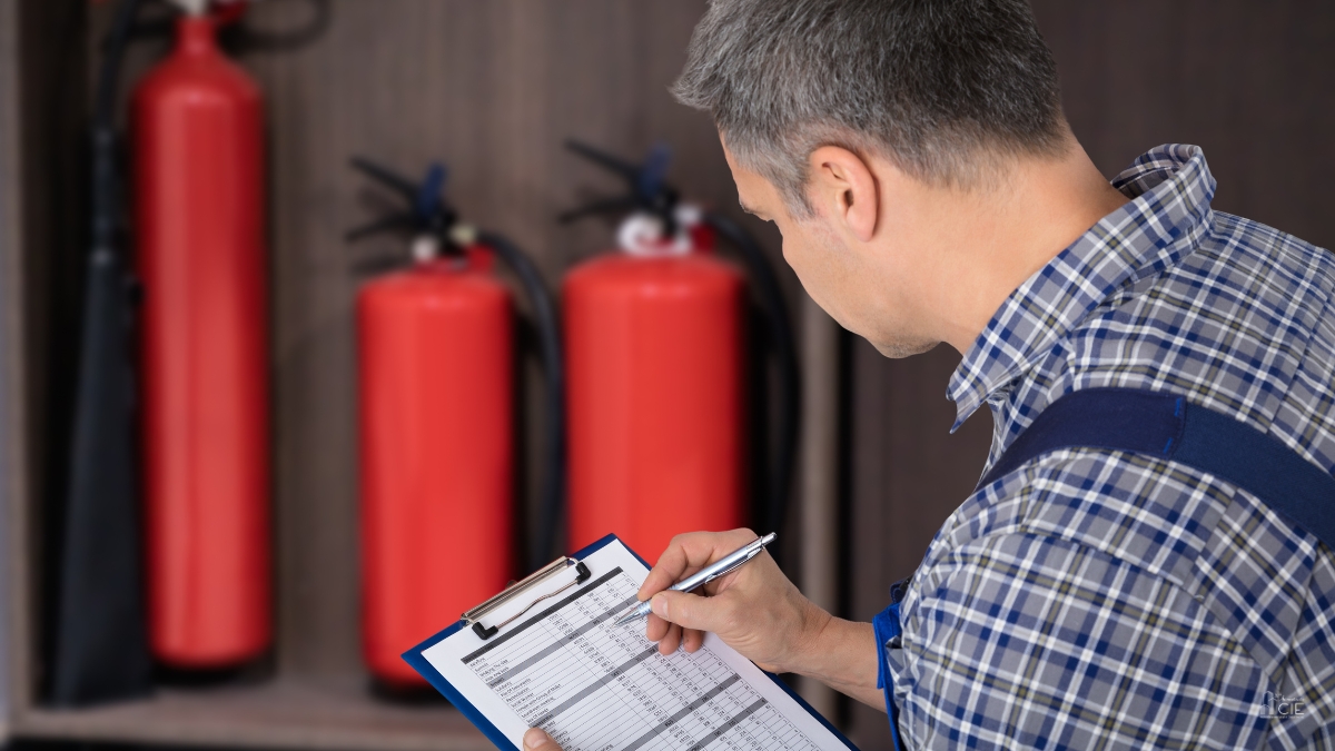 Fire safety professional inspecting fire extinguishers for condominium fire safety compliance